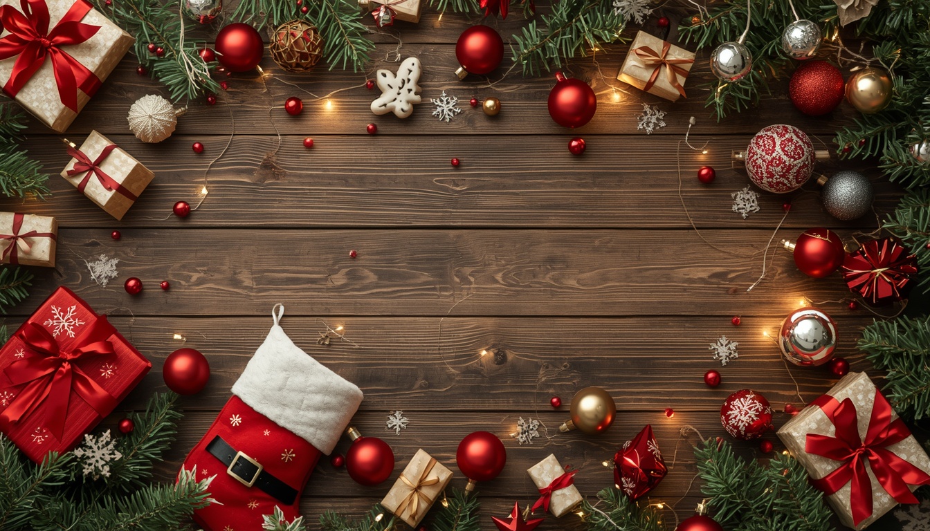 Lucid Origin Flat Lay Of Christmas Themed Merchandise Including Ornaments Stockings LED Light 0